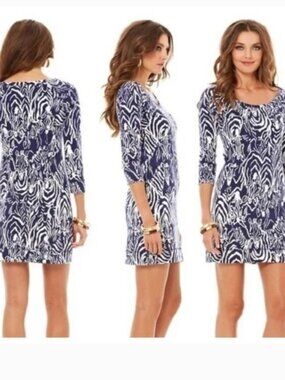 Lilly Pulitzer Navy and White Zebra-Print Long-Sleeve Dress Pocket Front Short